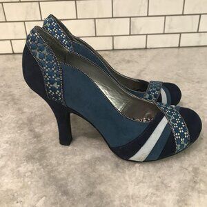 Ruby Shoo Shoes Womens Size 5 38 Blue Suede Patchwork Heels Floral Retro Pumps